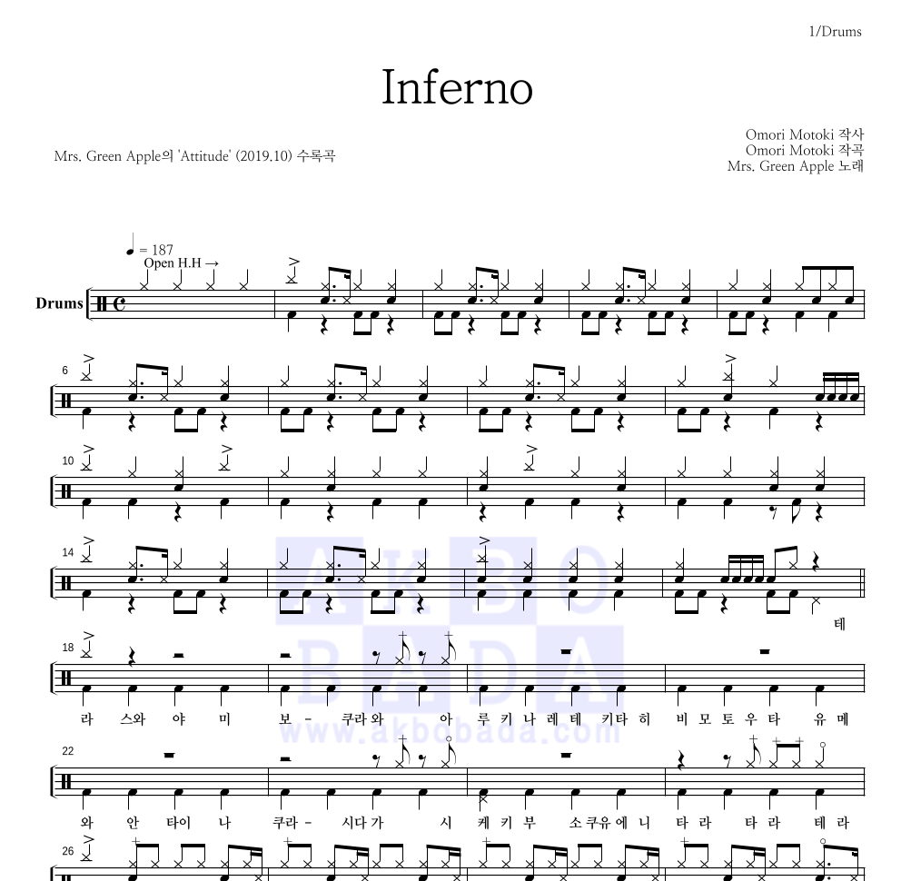 Mrs. Green Apple - Inferno 드럼(Tab) 악보 