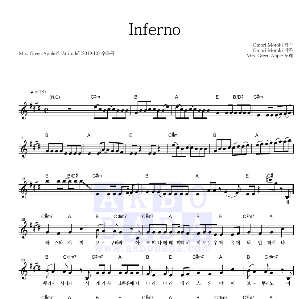 Mrs. Green Apple - Inferno 멜로디 악보 