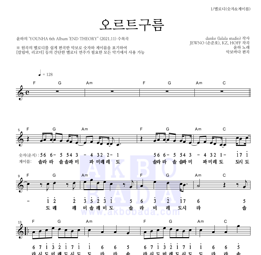 윤하 - 오르트구름 멜로디-숫자&계이름 악보 