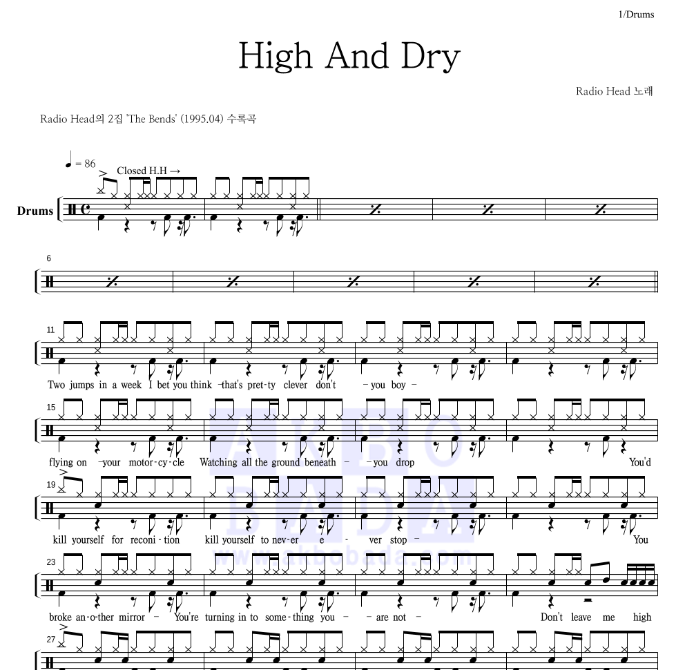 Radiohead - High And Dry 드럼(Tab) 악보 