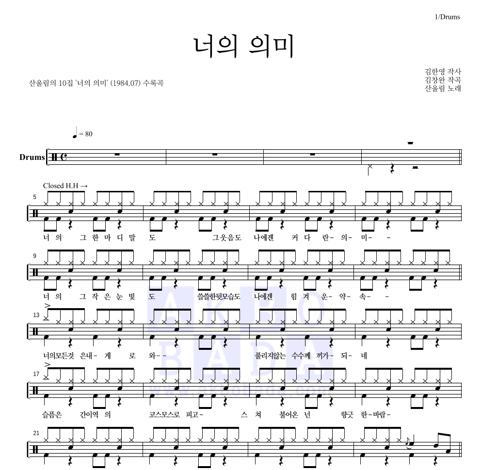 산울림 - 너의 의미 드럼(Tab) 악보 