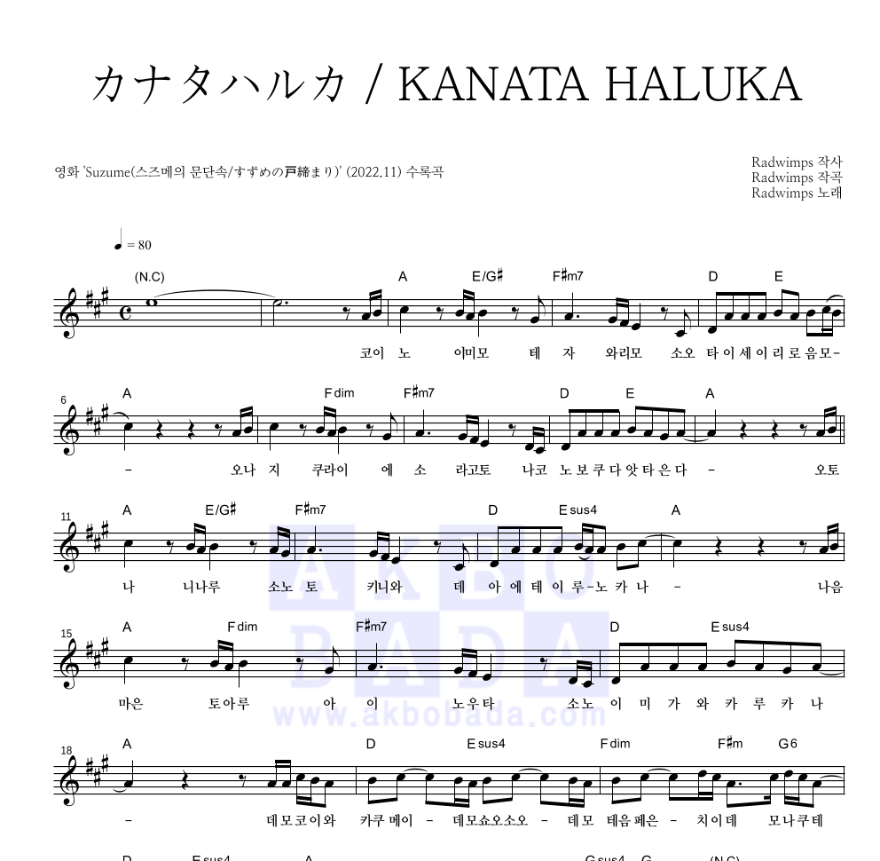 Radwimps - カナタハルカ / KANATA HALUKA (저멀리) 멜로디 악보 