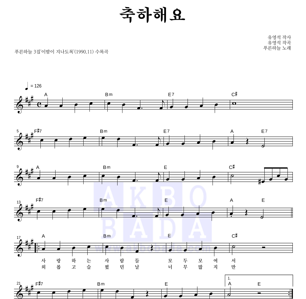 푸른하늘 - 축하해요 멜로디 악보 