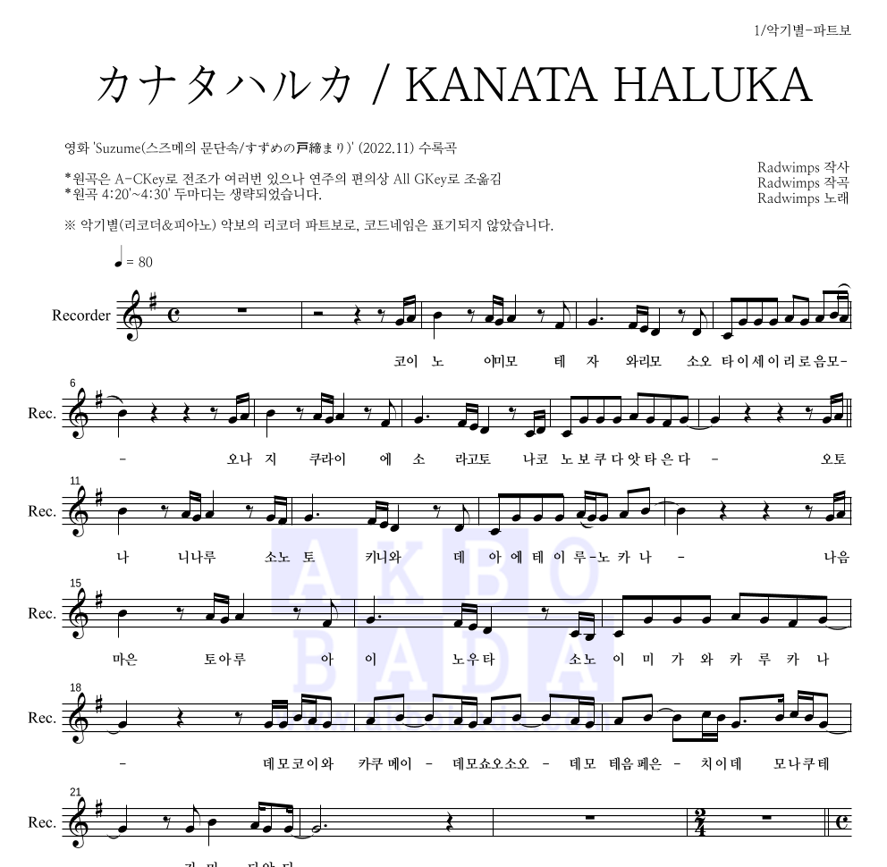 Radwimps - カナタハルカ / KANATA HALUKA (저멀리) 리코더 파트보 악보 