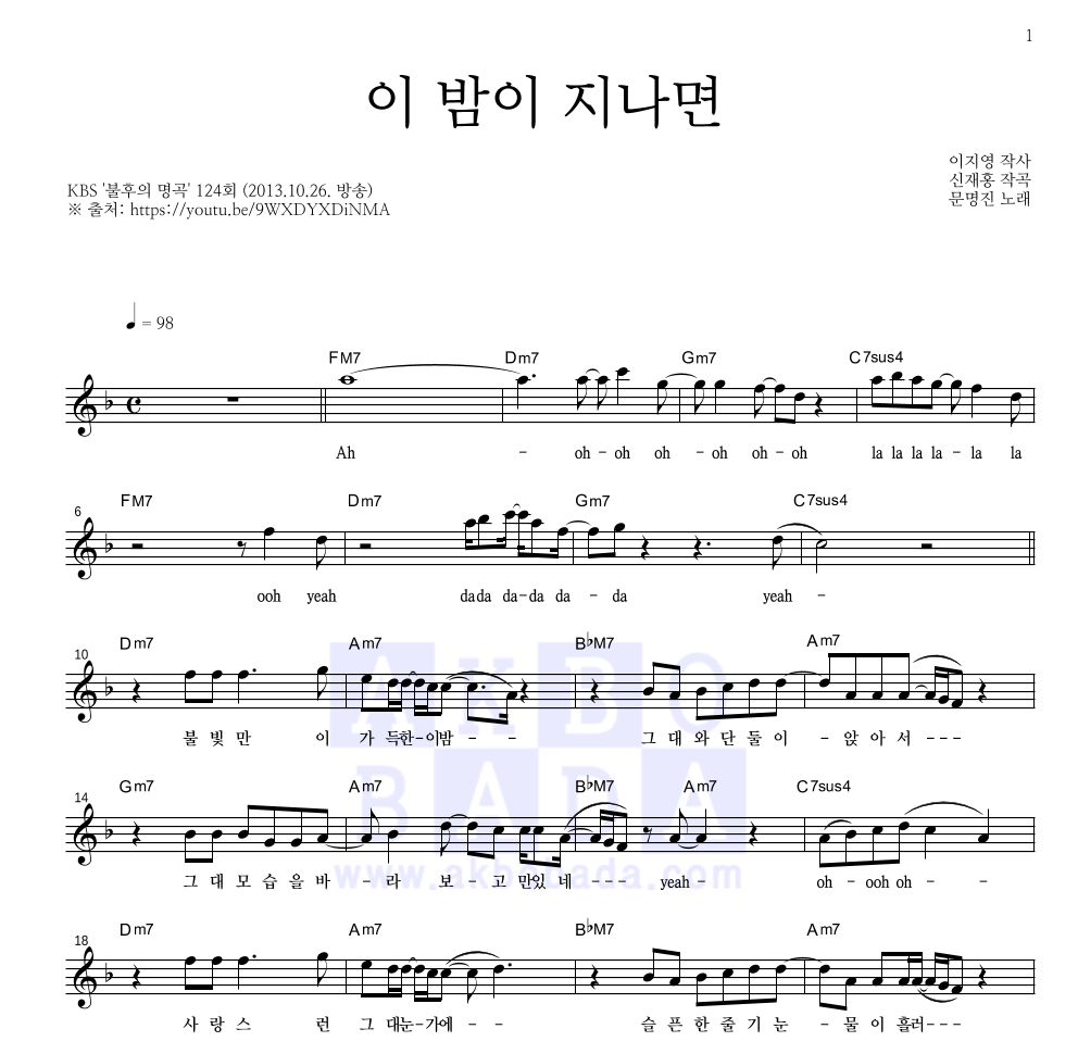 문명진 - 이 밤이 지나면 멜로디 악보 