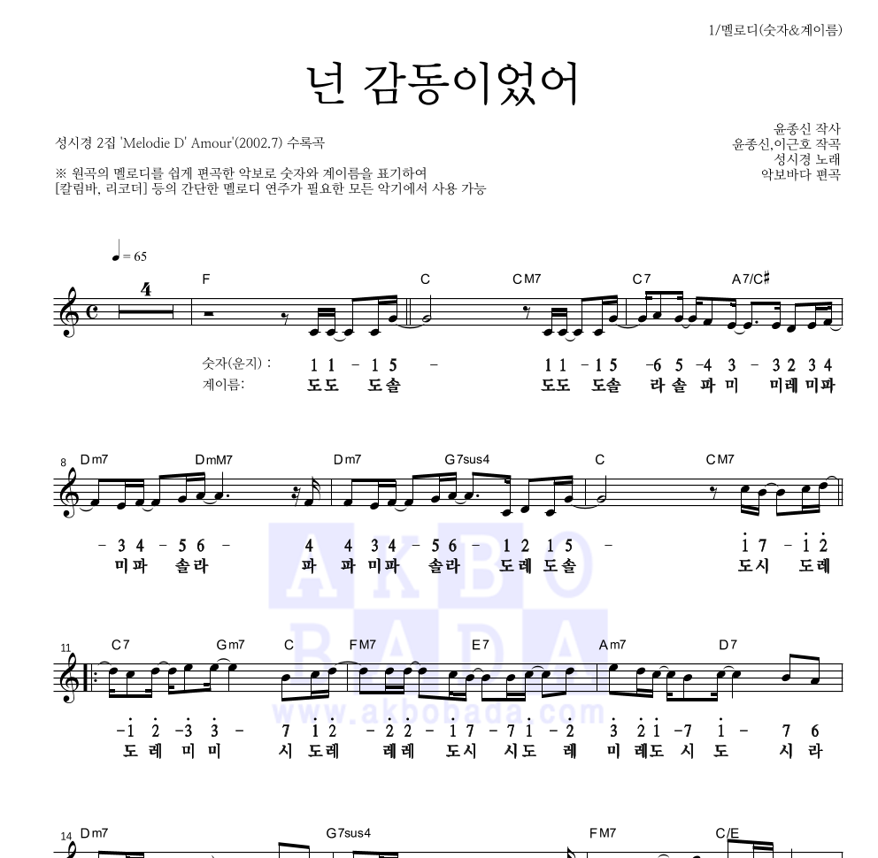 성시경 - 넌 감동이었어 멜로디-숫자&계이름 악보 