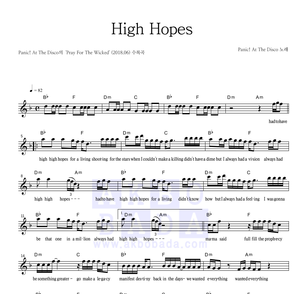 Panic! At The Disco - High Hopes 멜로디 악보 