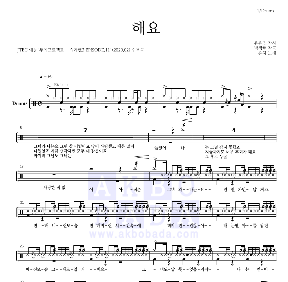 윤하 - 해요 드럼(Tab) 악보 