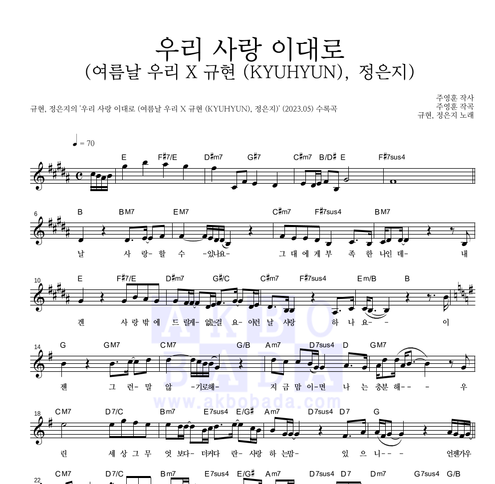 규현,정은지 - 우리 사랑 이대로 (여름날 우리 X 규현 (KYUHYUN), 정은지) 멜로디 악보 