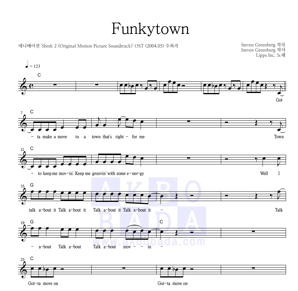 Lipps Inc. Funkytown MR 악보바다