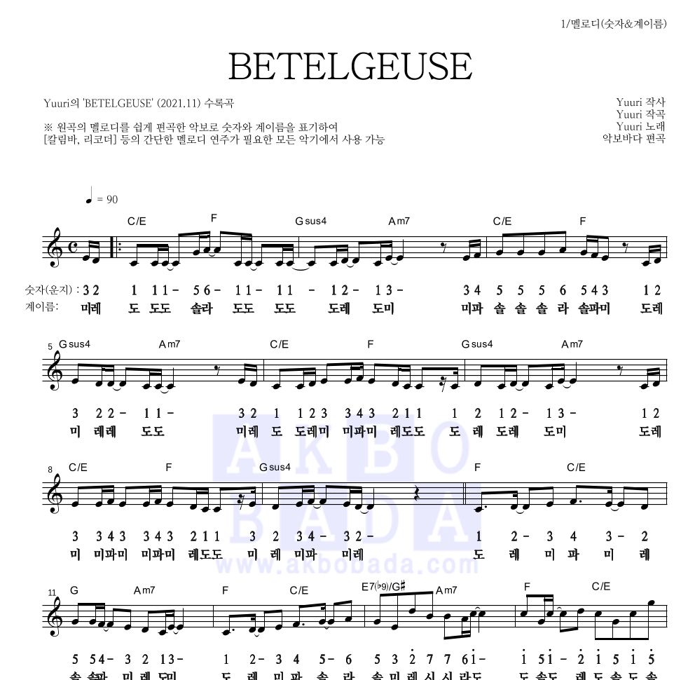 Yuuri - BETELGEUSE 멜로디-숫자&계이름 악보 