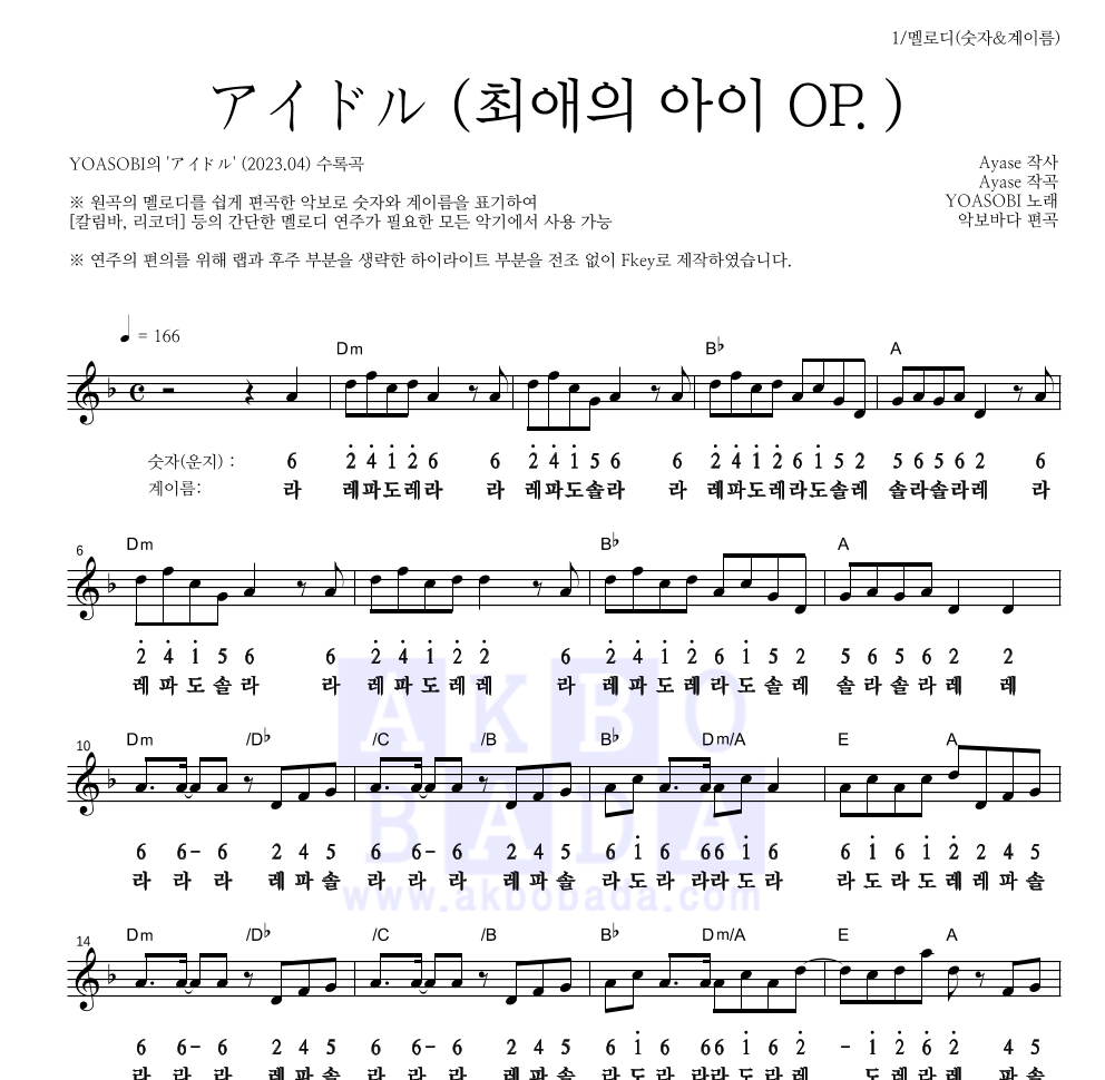 YOASOBI - アイドル (아이돌)(최애의 아이 OP.) 멜로디-숫자&계이름 악보 