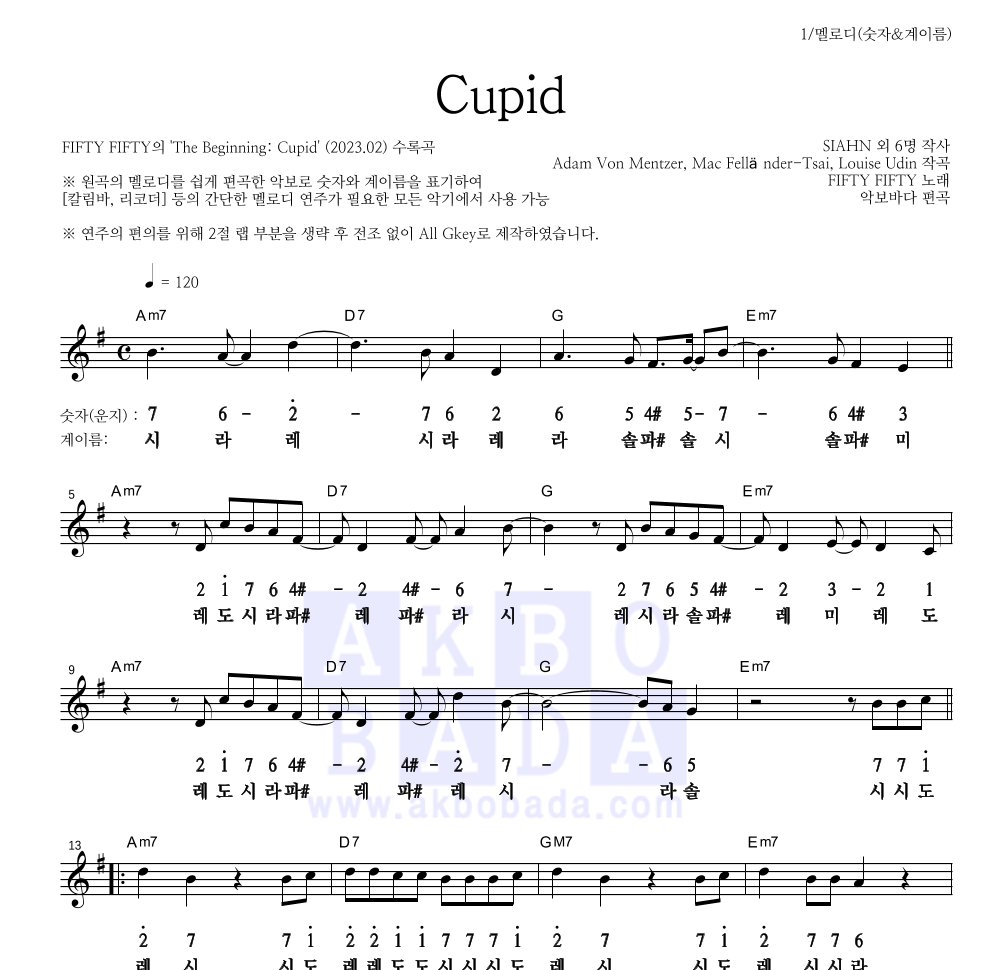 FIFTY FIFTY - Cupid 멜로디-숫자&계이름 악보 