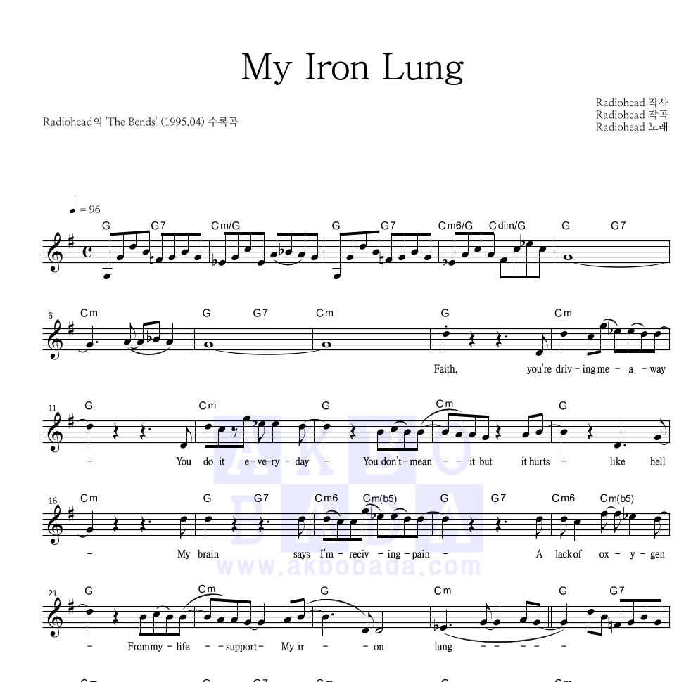 Radiohead - My Iron Lung 멜로디 악보 