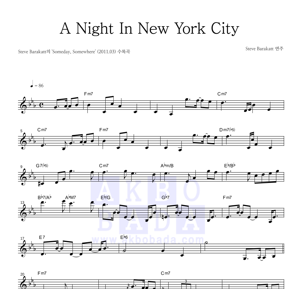 Steve Barakatt - A Night In New York City 멜로디 악보 