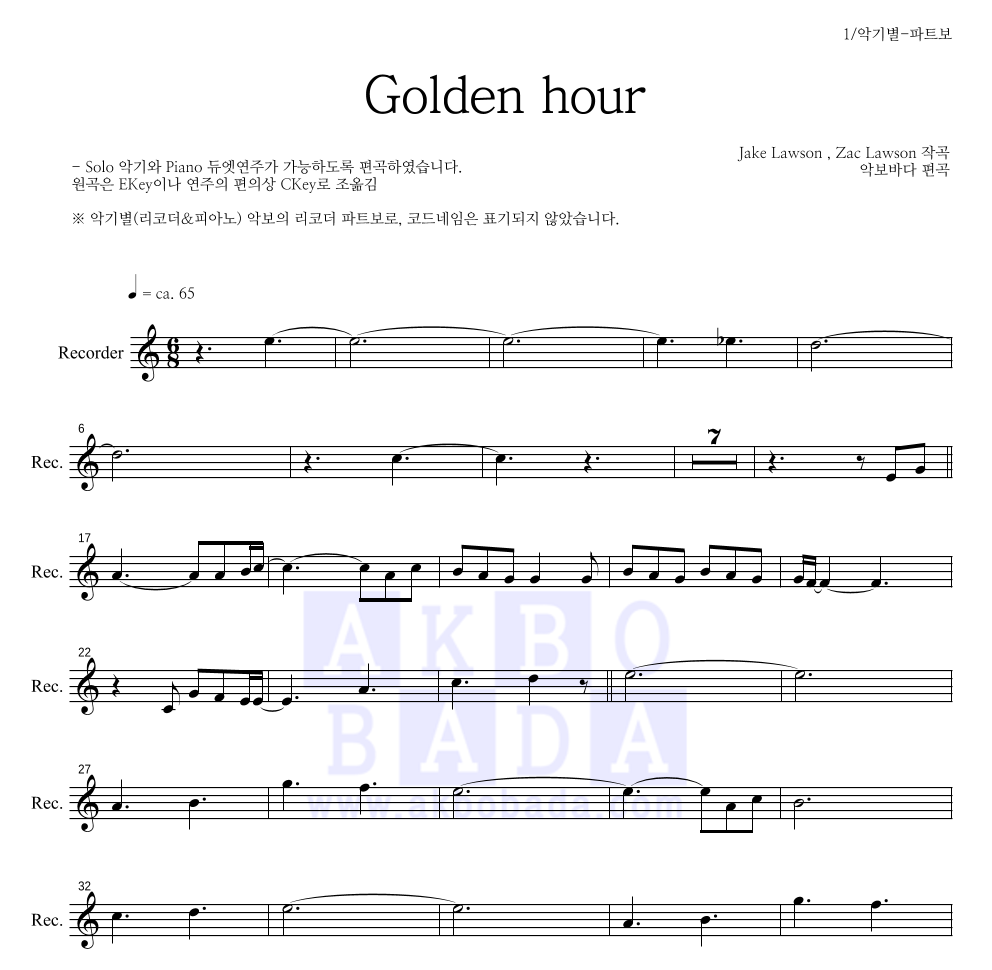 JVKE - Golden hour 리코더 파트보 악보 
