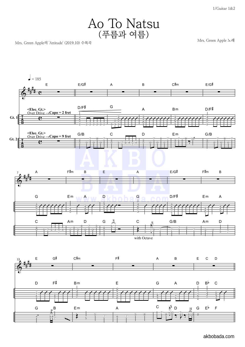 Mrs. Green Apple - Ao To Natsu (푸름과 여름) 기타(Tab) 악보 
