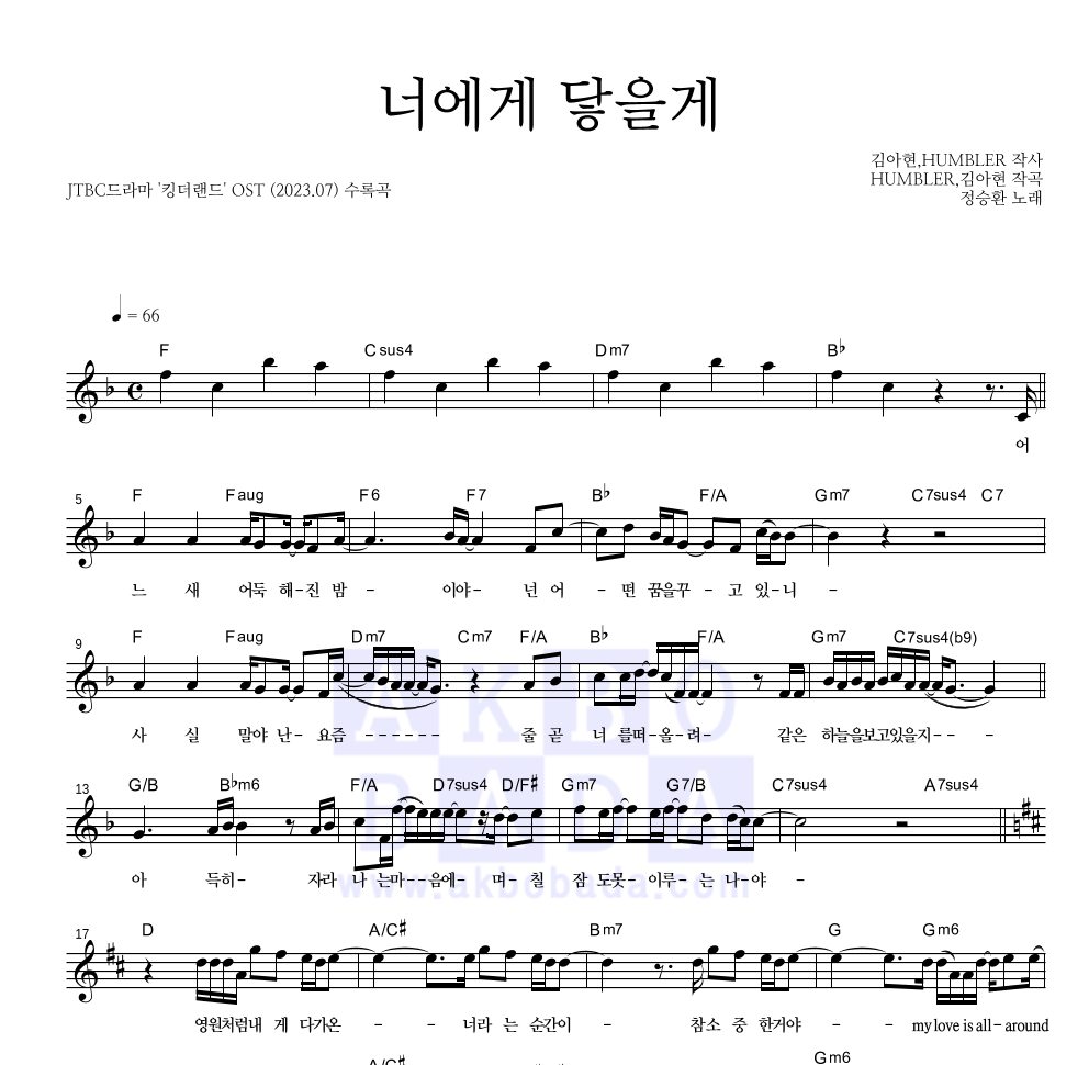 정승환 - 너에게 닿을게 멜로디 악보 