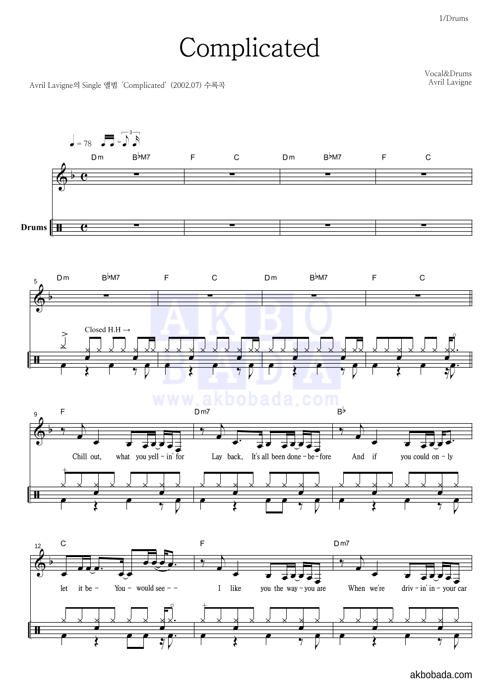 Avril Lavigne - Complicated 드럼 악보 