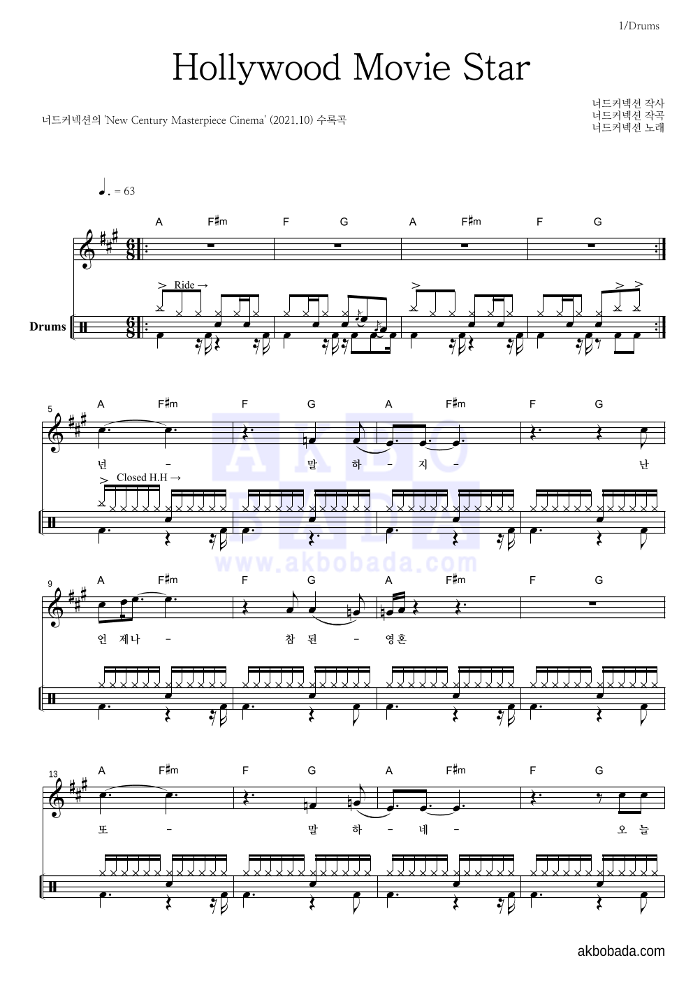 너드커넥션 - Hollywood Movie Star 드럼 악보 