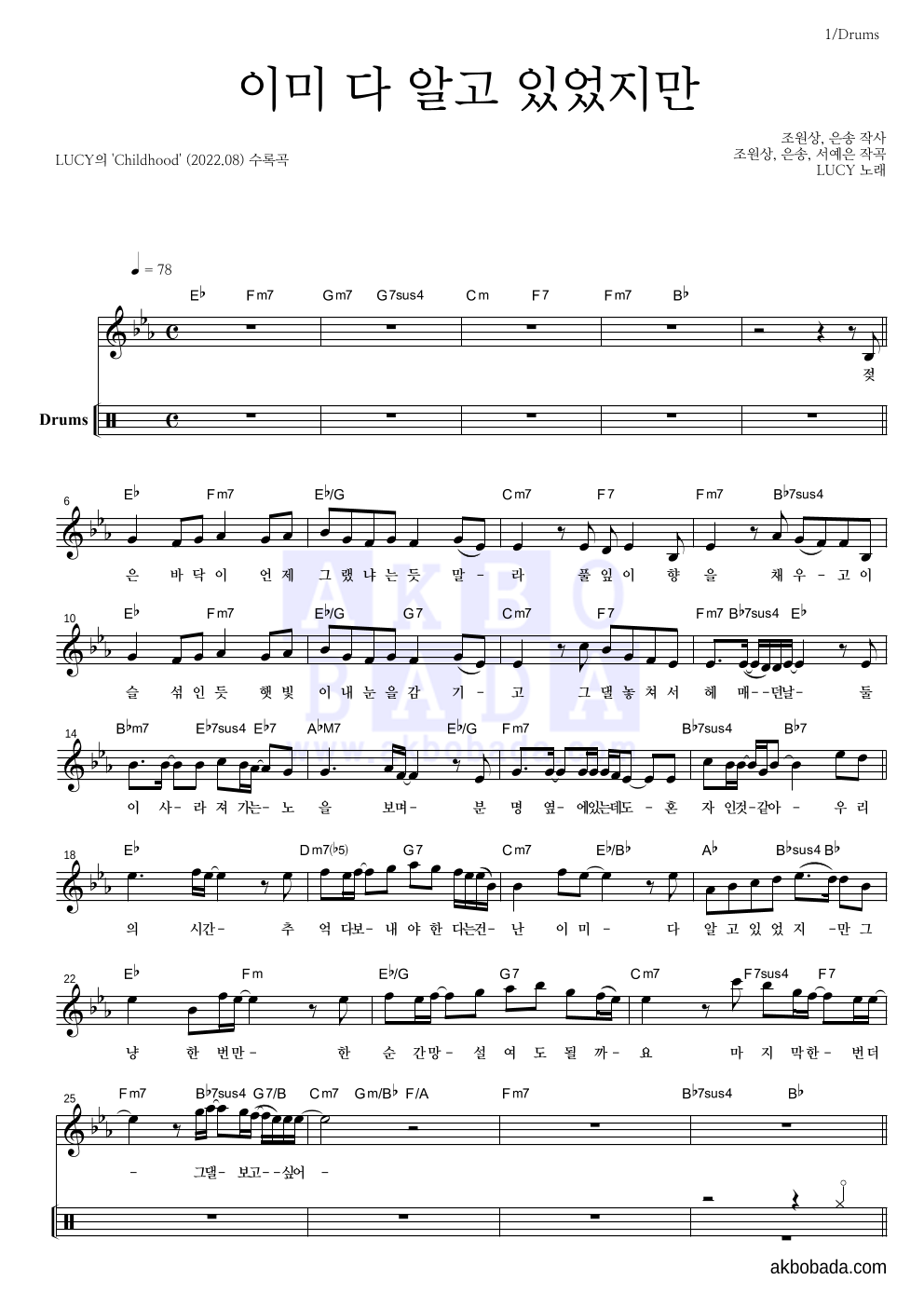 루시 - 이미 다 알고 있었지만 드럼 악보 