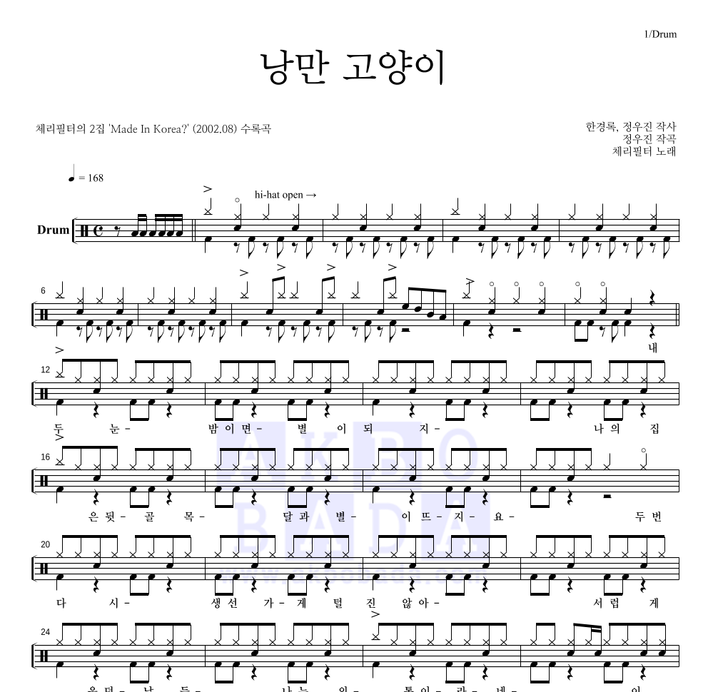 체리필터 - 낭만 고양이 드럼(Tab) 악보 