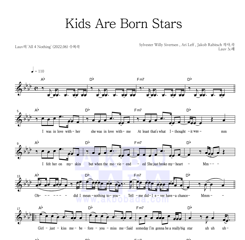 Lauv - Kids Are Born Stars 멜로디 악보 