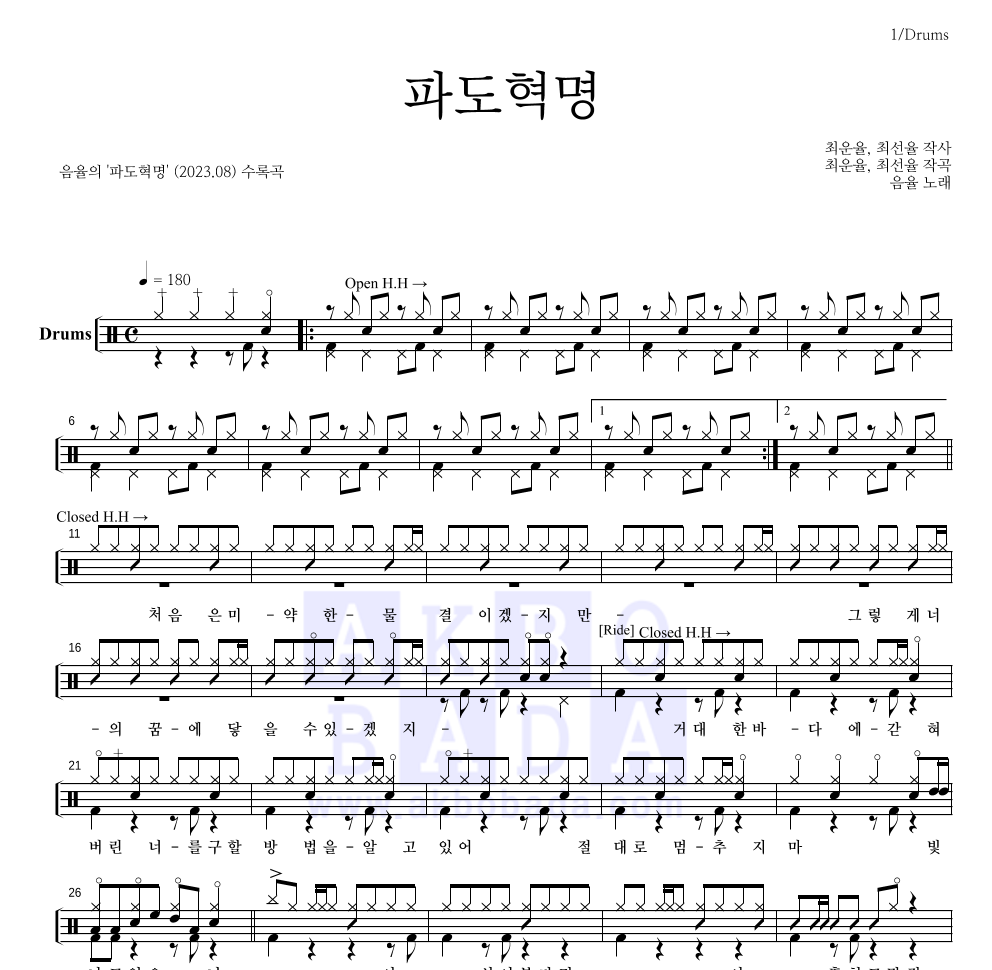 음율 - 파도혁명 드럼(Tab) 악보 