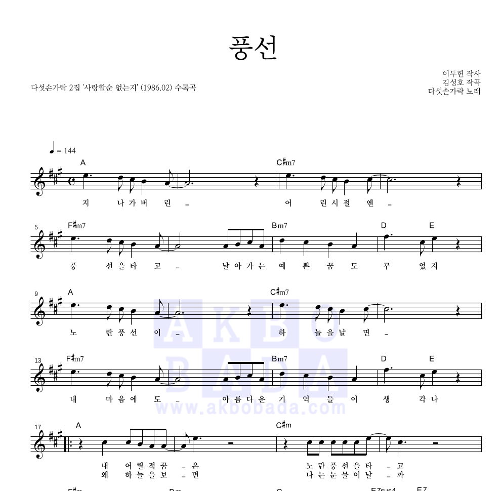 다섯손가락 - 풍선 멜로디 악보 