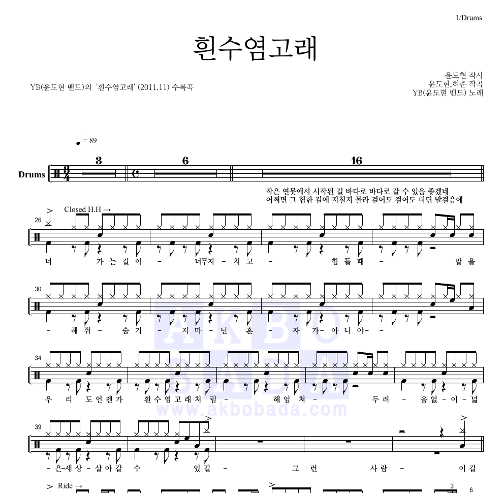 YB(윤도현 밴드) - 흰수염고래 드럼(Tab) 악보 