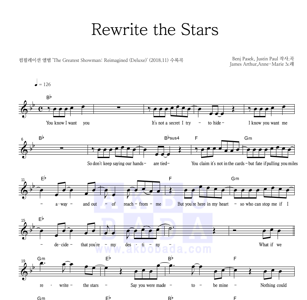 James Arthur,Anne-Marie - Rewrite the Stars 멜로디 악보 