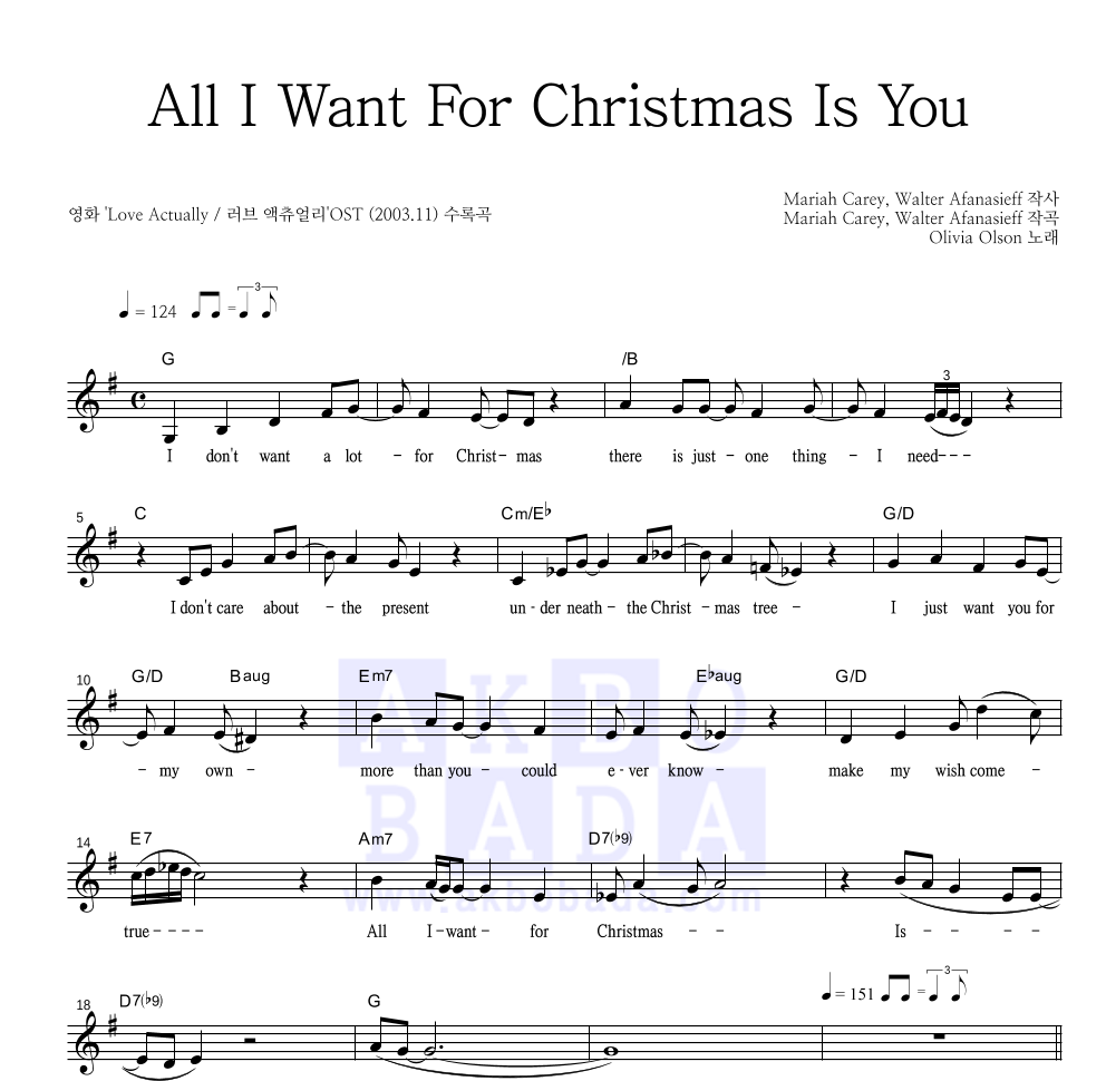 Olivia Olson - All I Want For Christmas Is You 멜로디 악보 
