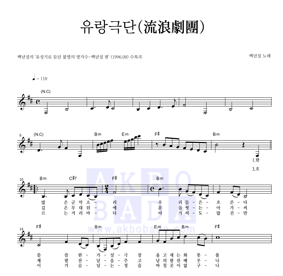 백년설 - 유랑극단(流浪劇團) 멜로디 악보 