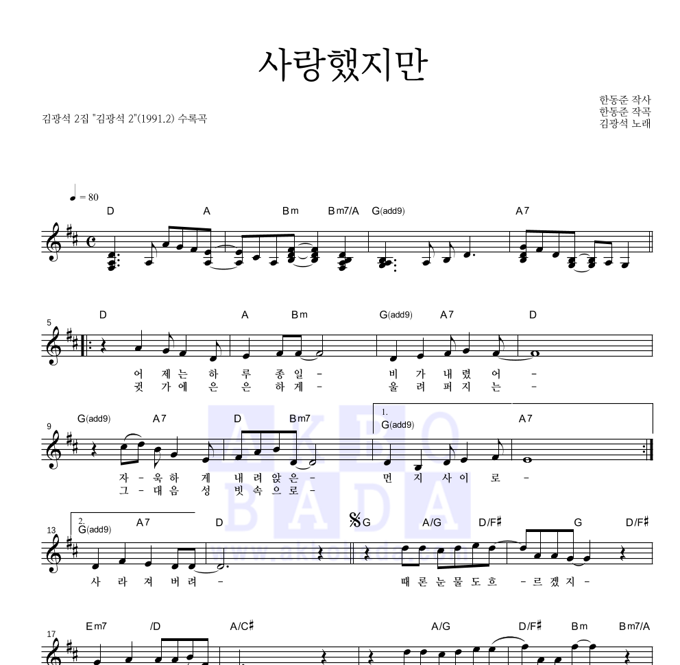 김광석 - 사랑했지만 멜로디 악보 