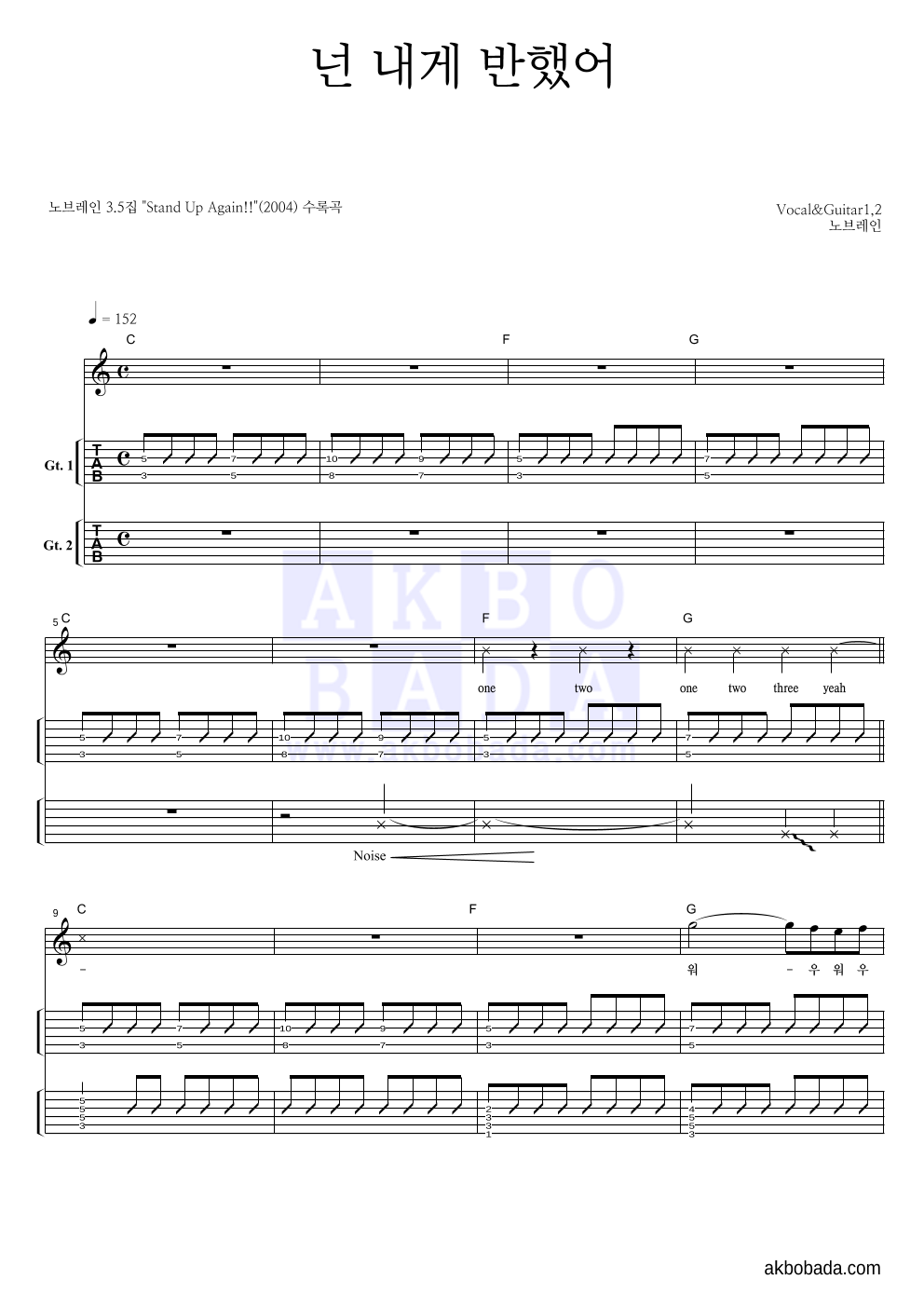 노브레인 - 넌 내게 반했어 기타(Tab) 악보 