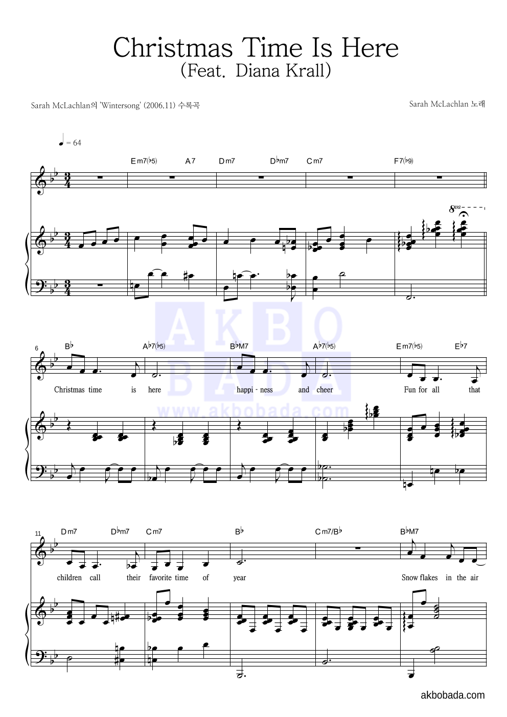 Sarah Mclachlan - Christmas Time Is Here (Feat. Diana Krall) 피아노 3단 악보 