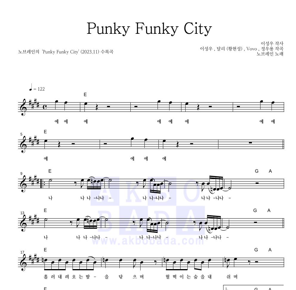 노브레인 - Punky Funky City 멜로디 악보 