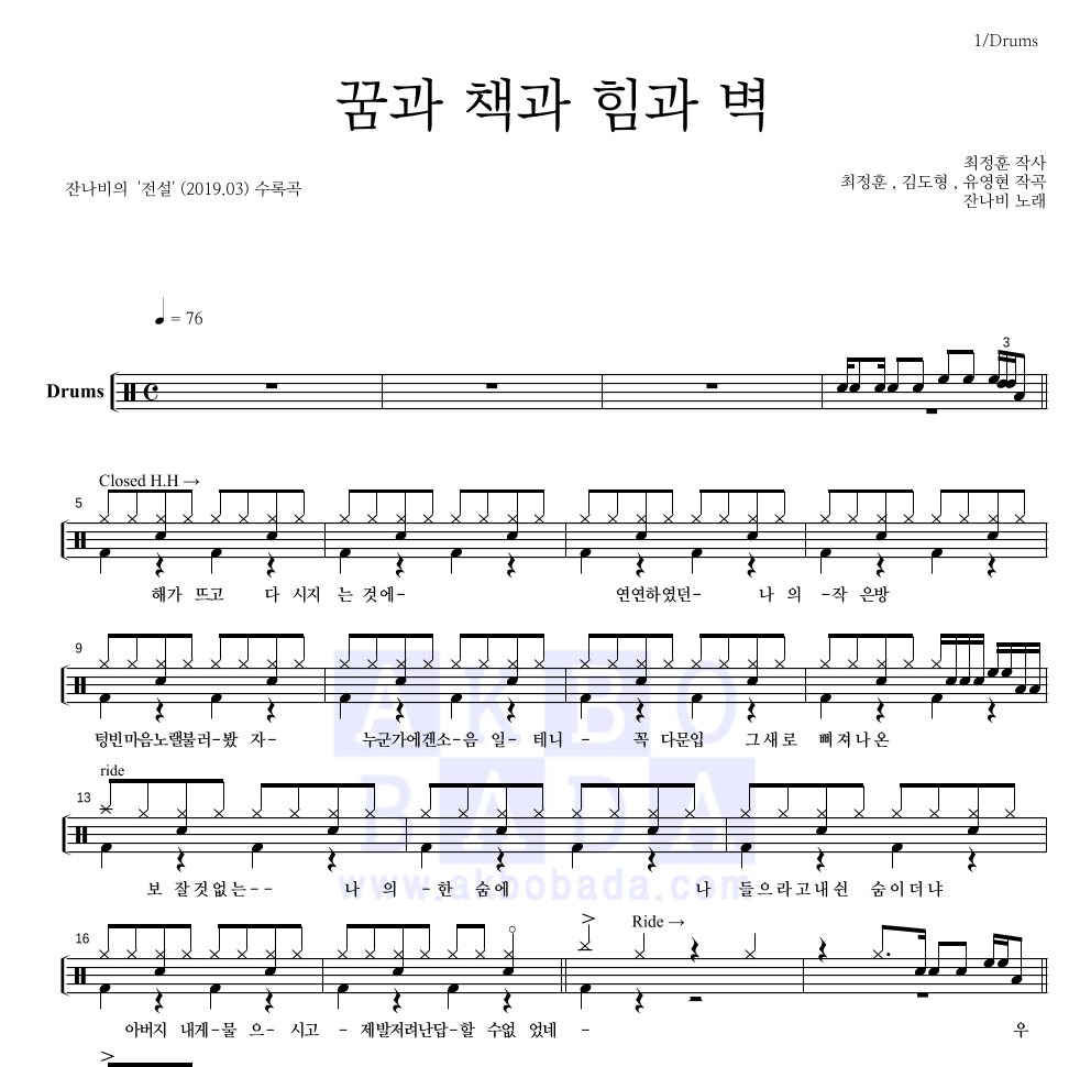 잔나비 - 꿈과 책과 힘과 벽 드럼(Tab) 악보 