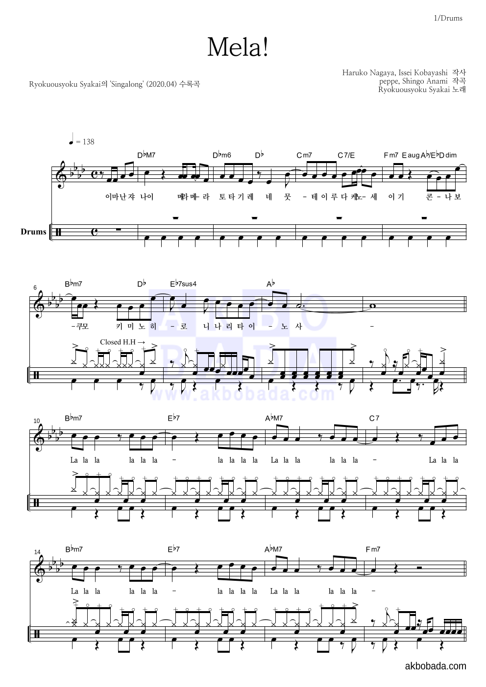 Ryokuousyoku Syakai(녹황색사회) - Mela! 드럼 악보 
