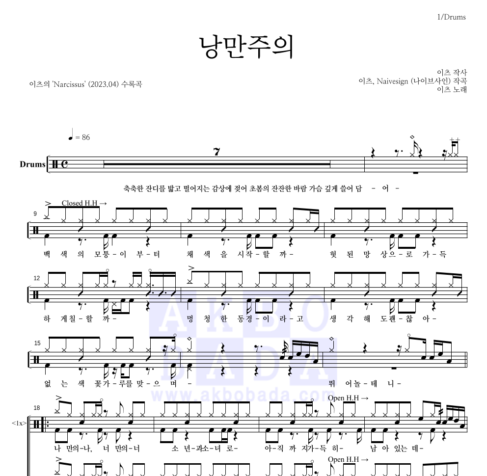 이츠 - 낭만주의 드럼(Tab) 악보 