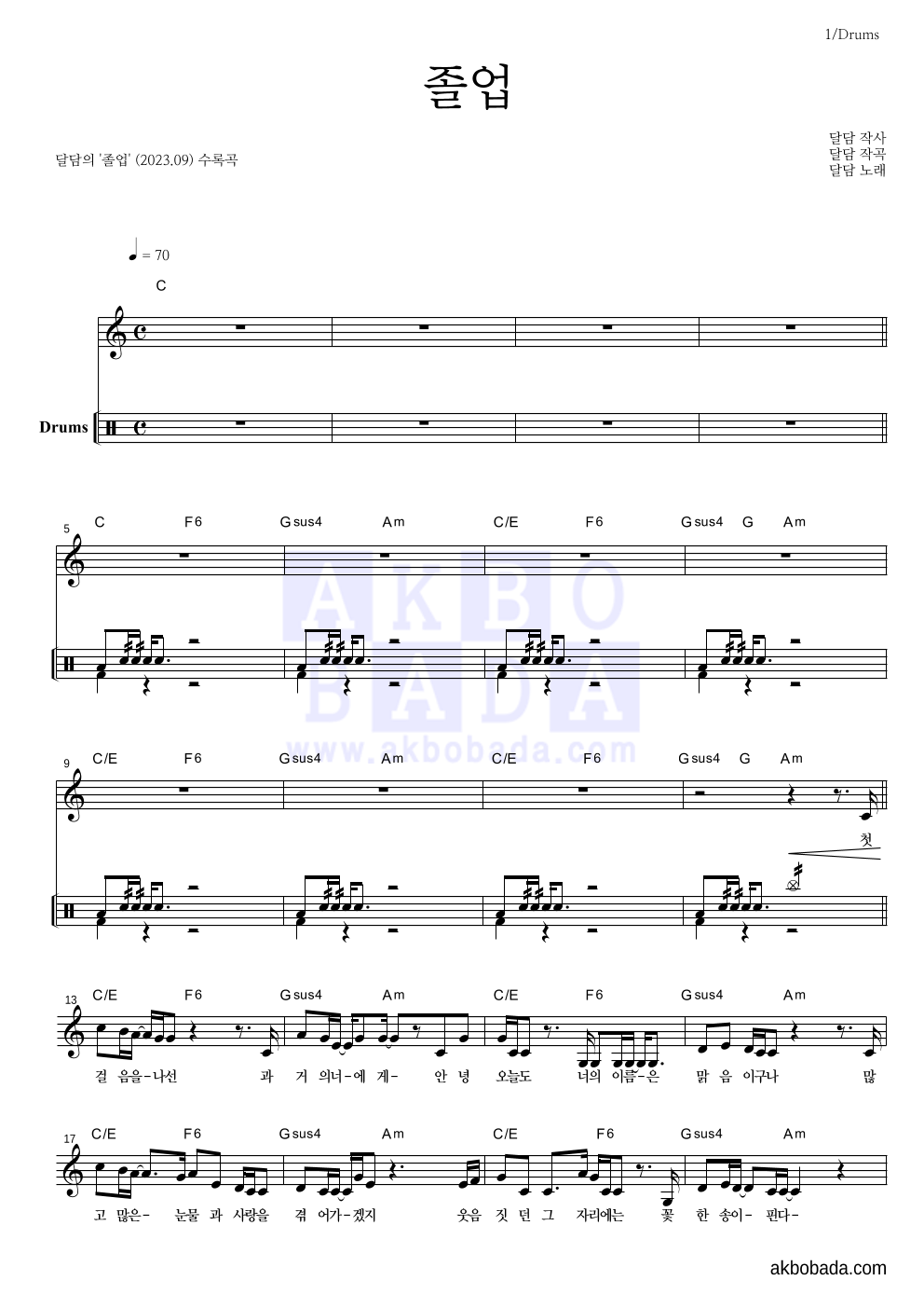 달담 - 졸업 드럼 악보 