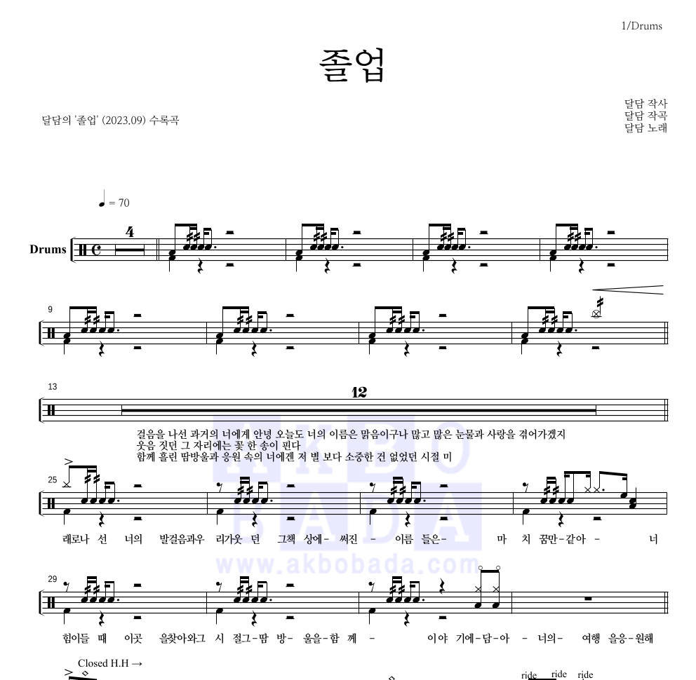 달담 - 졸업 드럼(Tab) 악보 