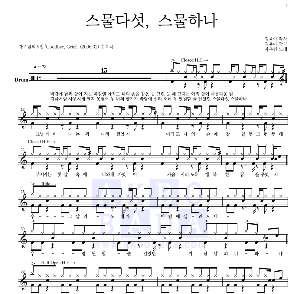 자우림 - 스물다섯, 스물하나 드럼(Tab) 악보 