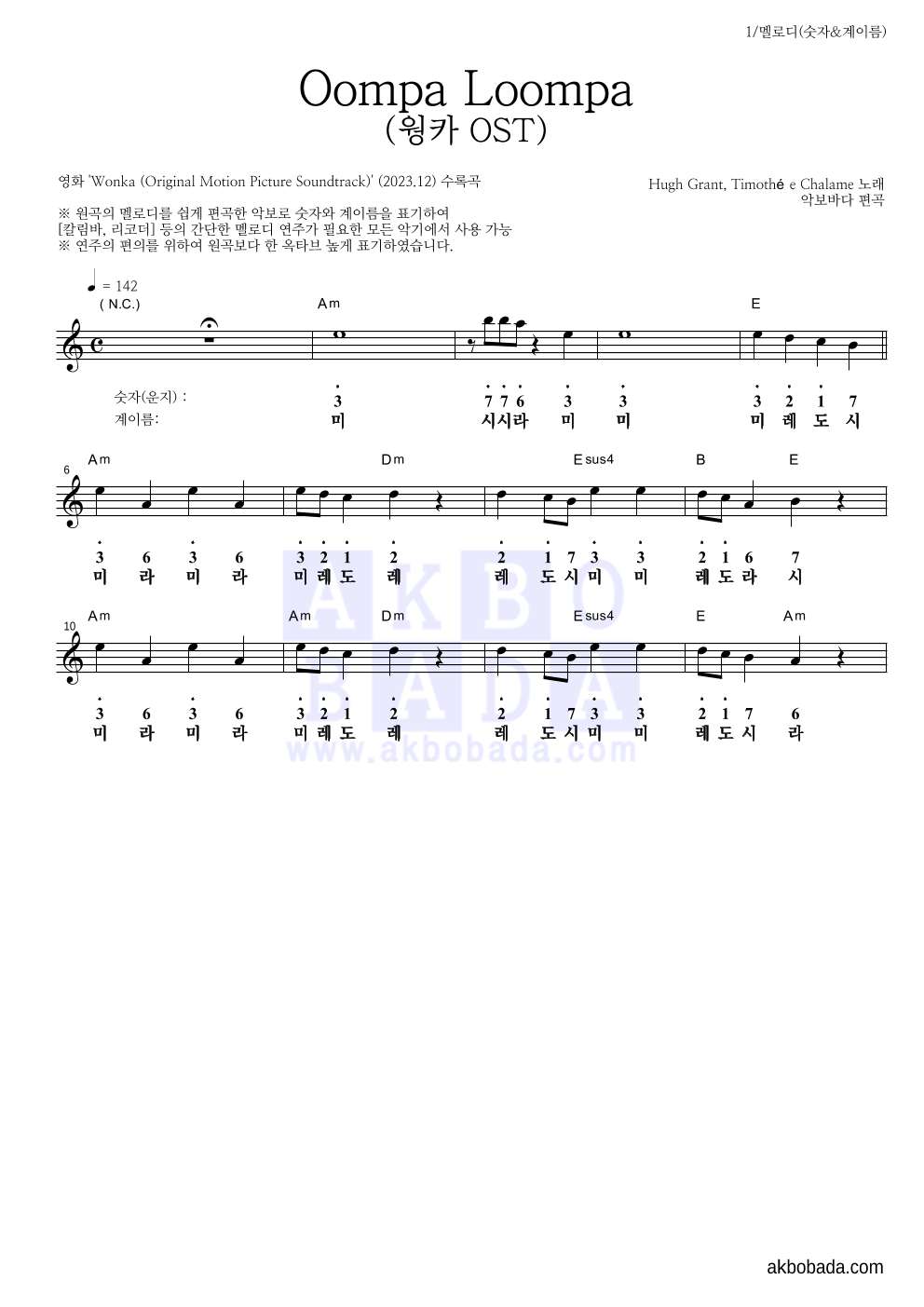 웡카 OST - Oompa Loompa 멜로디-숫자&계이름 악보 