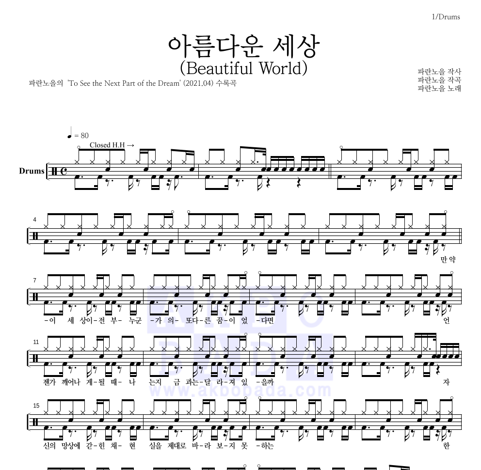 파란노을 - 아름다운 세상(Beautiful World) 드럼(Tab) 악보 