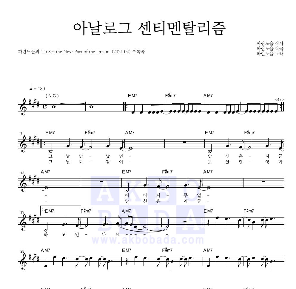 파란노을 - 아날로그 센티멘탈리즘 멜로디 악보 
