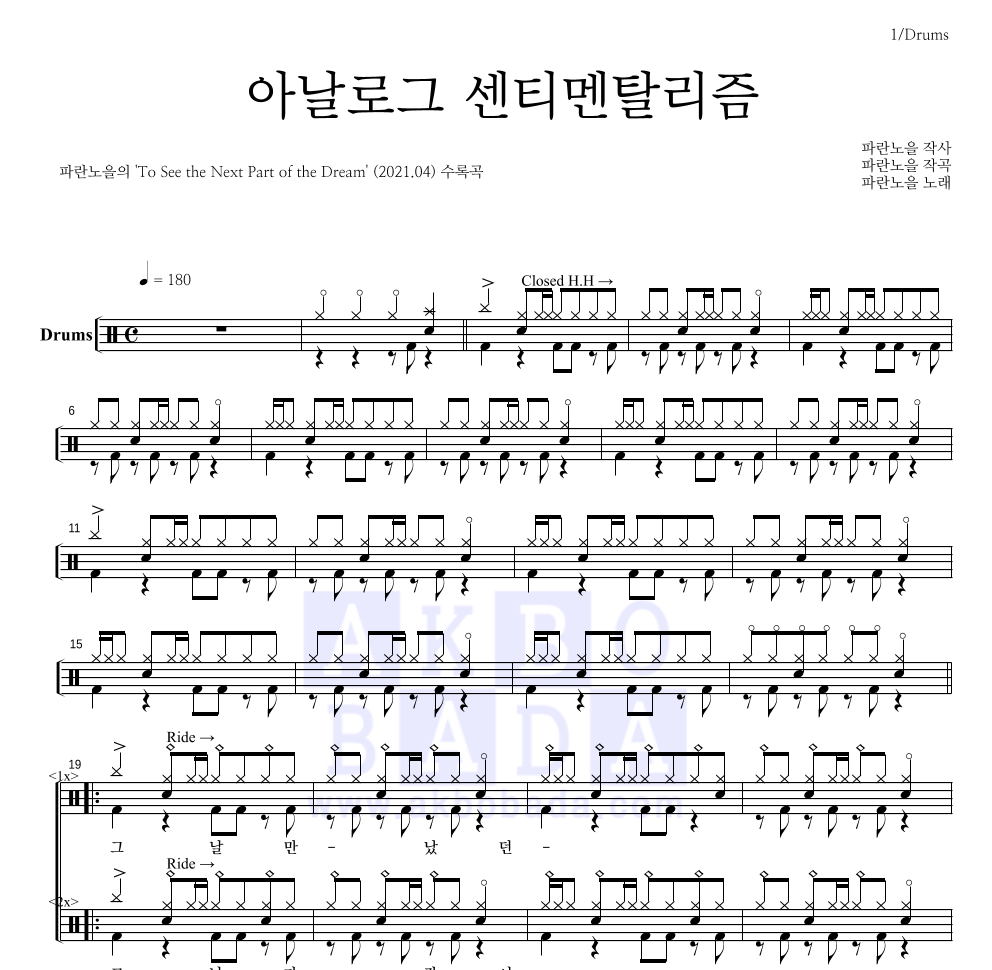 파란노을 - 아날로그 센티멘탈리즘 드럼(Tab) 악보 