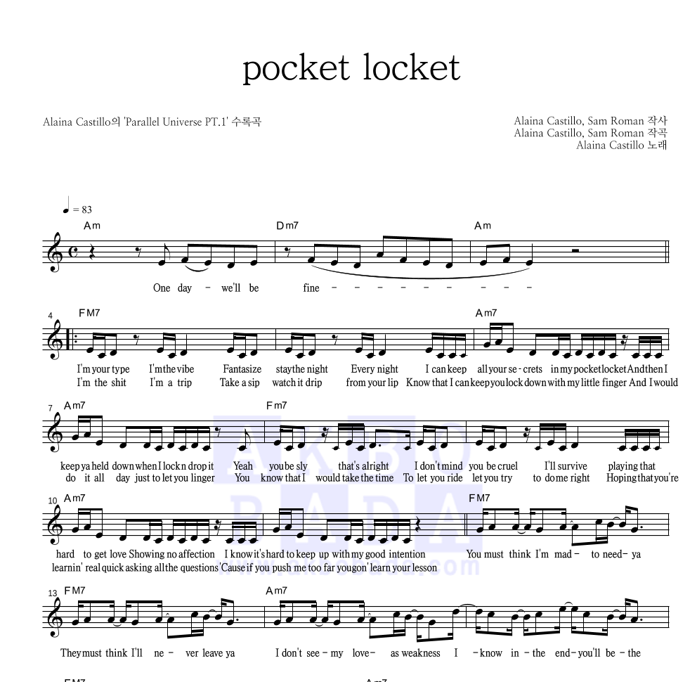 Alaina Castillo - pocket locket 멜로디 악보 