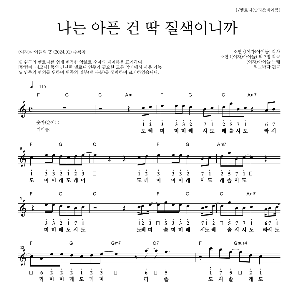 (여자)아이들 - 나는 아픈 건 딱 질색이니까 멜로디-숫자&계이름 악보 