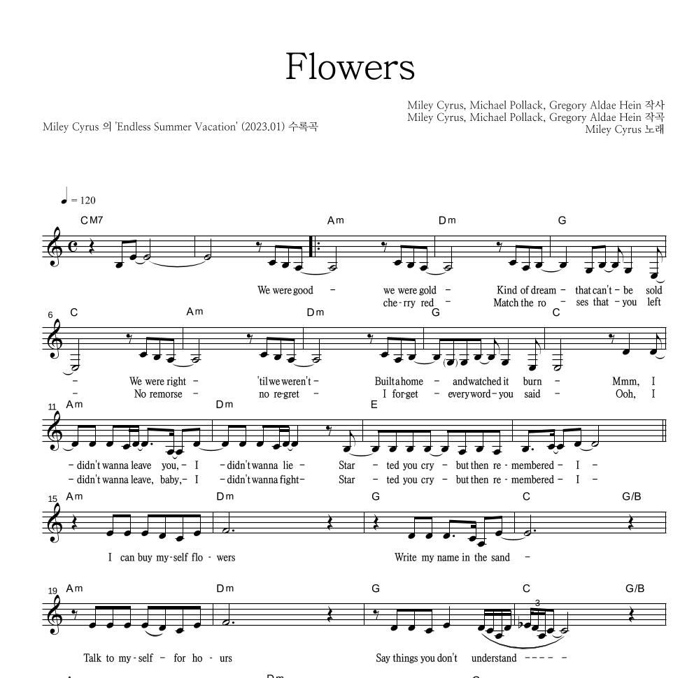Miley Cyrus - Flowers 멜로디 악보 